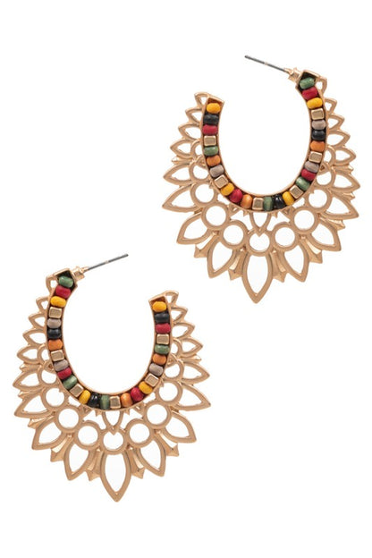 Metal Fern Leaf Shaped Wood Bead Hoop Earrings