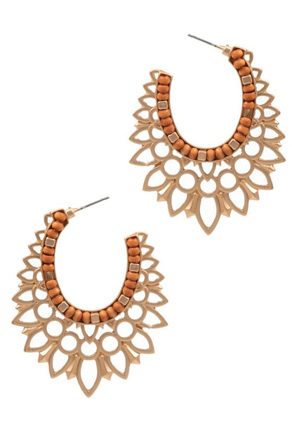 Metal Fern Leaf Shaped Wood Bead Hoop Earrings