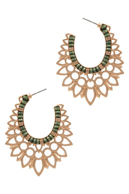 Metal Fern Leaf Shaped Wood Bead Hoop Earrings