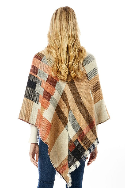 Women's Multi Colored Plaid Poncho with Fringes