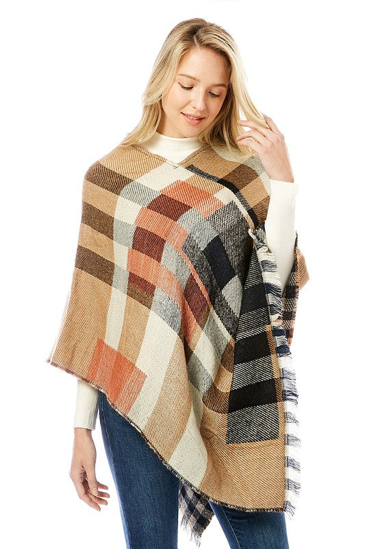 Women's Multi Colored Plaid Poncho with Fringes