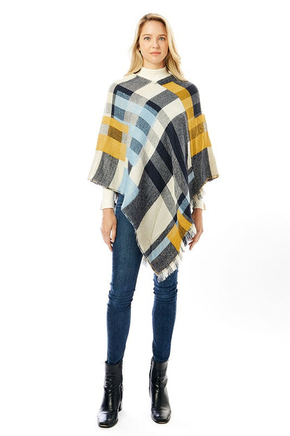 Women's Multi Colored Plaid Poncho with Fringes