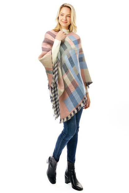 Women's Multi Colored Plaid Poncho with Fringes