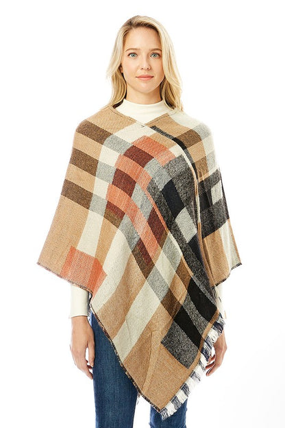 Women's Multi Colored Plaid Poncho with Fringes