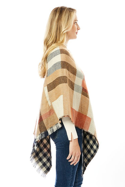 Women's Multi Colored Plaid Poncho with Fringes