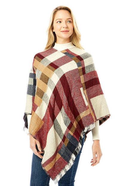 Women's Multi Colored Plaid Poncho with Fringes