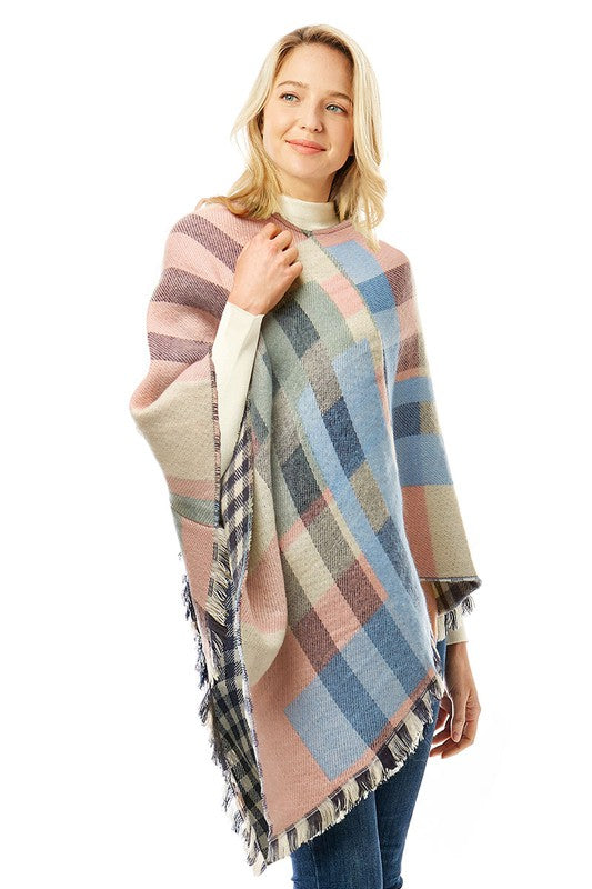 Women's Multi Colored Plaid Poncho with Fringes