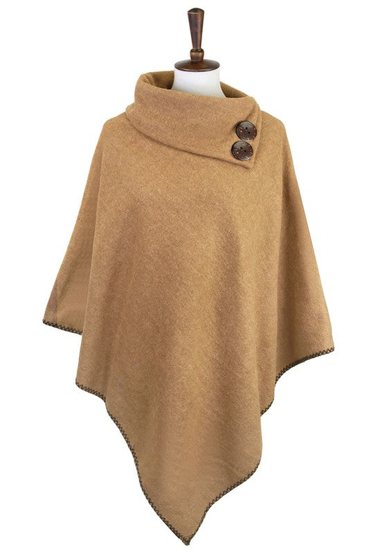 Button Pointed Solid High Neck Poncho