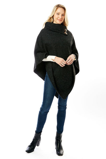 Button Pointed Solid High Neck Poncho