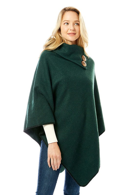 Button Pointed Solid High Neck Poncho