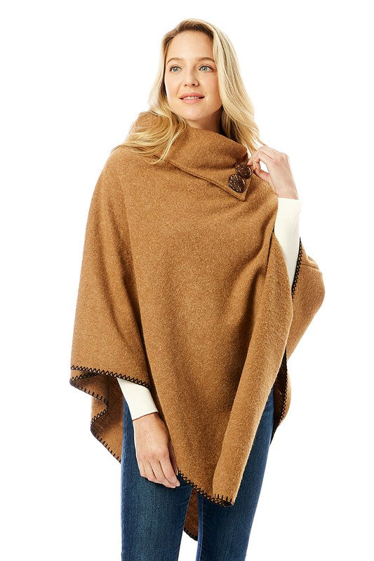 Button Pointed Solid High Neck Poncho