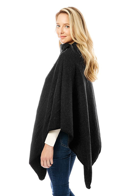 Button Pointed Solid High Neck Poncho