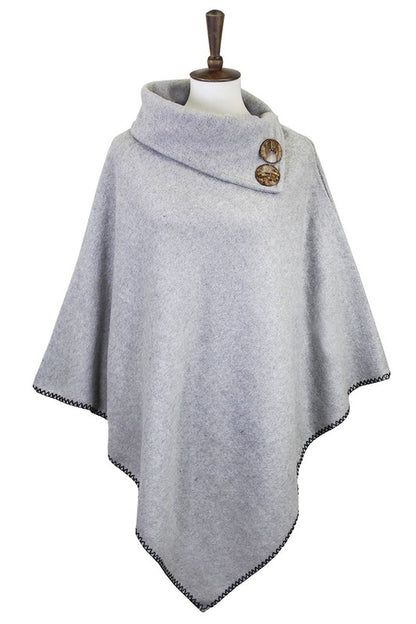 Button Pointed Solid High Neck Poncho