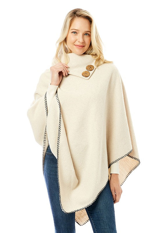 Button Pointed Solid High Neck Poncho