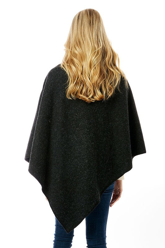 Button Pointed Solid High Neck Poncho