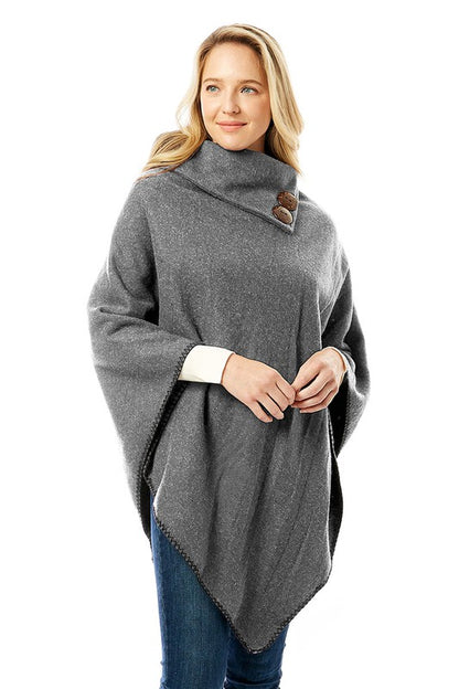 Button Pointed Solid High Neck Poncho