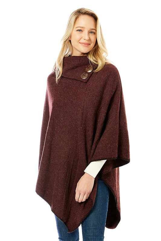 Button Pointed Solid High Neck Poncho