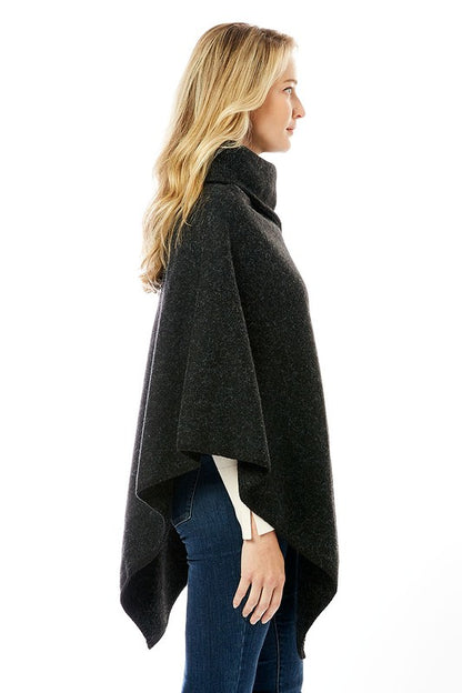 Button Pointed Solid High Neck Poncho