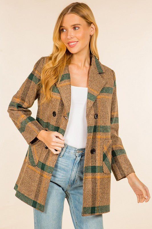 PLAID TEXTURED DOUBLE BREASTED COAT