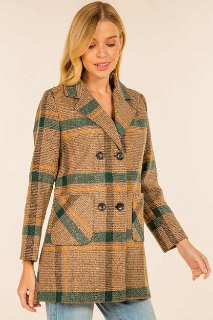 PLAID TEXTURED DOUBLE BREASTED COAT