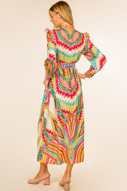 MULTICOLOR  LONG SLEEVE V-NECK FRONT BUTTON DRESS