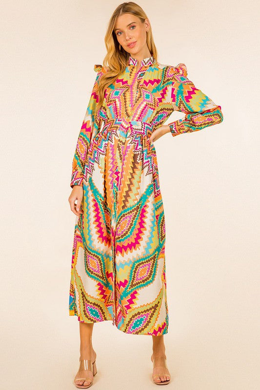 MULTICOLOR  LONG SLEEVE V-NECK FRONT BUTTON DRESS