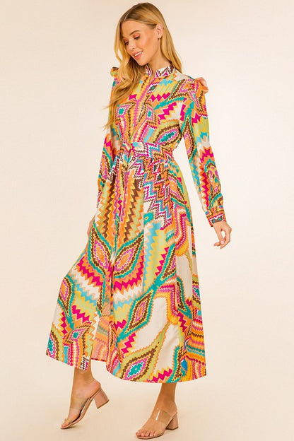 MULTICOLOR  LONG SLEEVE V-NECK FRONT BUTTON DRESS