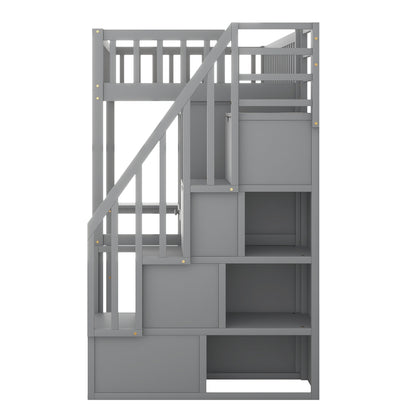 Twin size Loft Bed with Bookshelf,Drawers,Desk,and Wardrobe-Gray