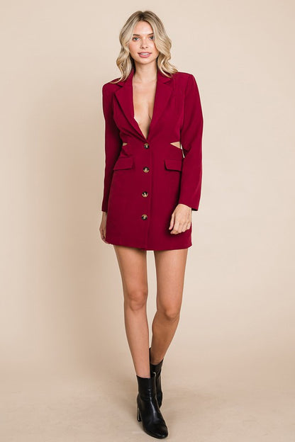 Cut Out Lapel Neck Button Up Blazer Dress