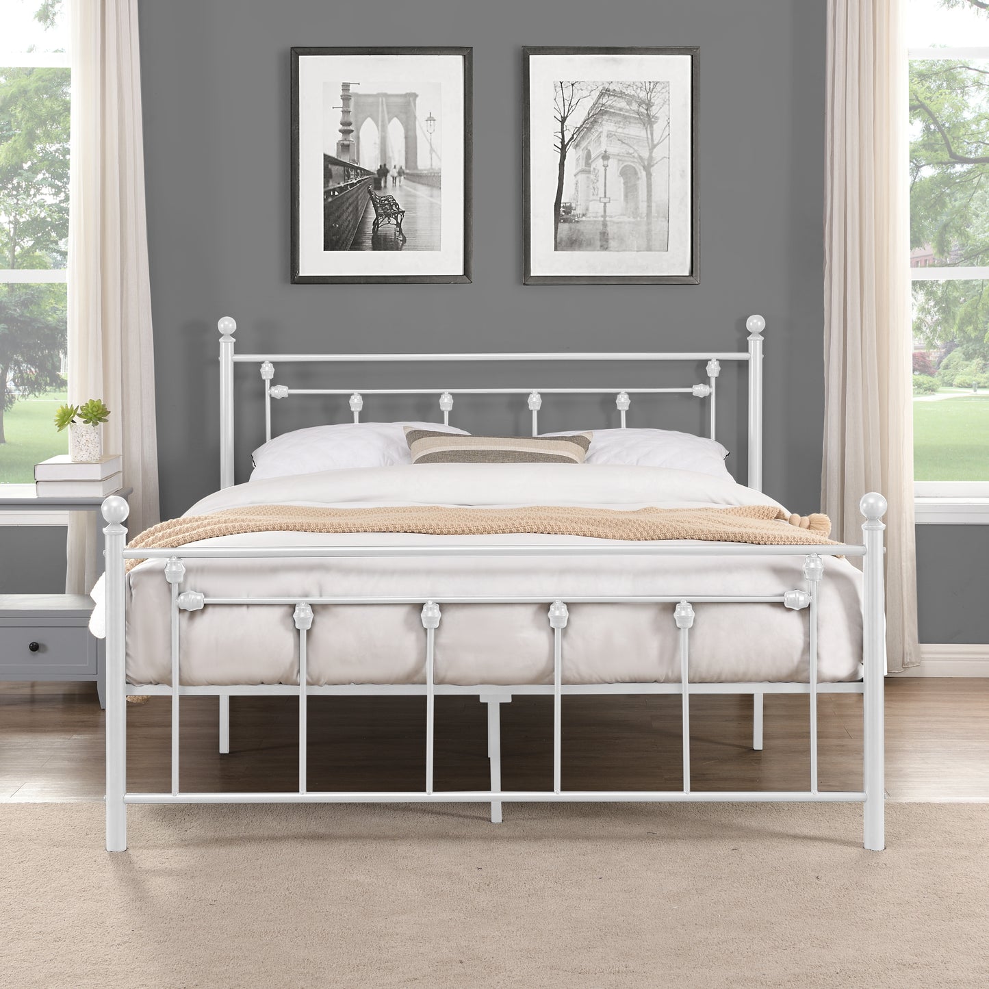 Full Size Metal Bed Frame with Headboard and Footboard (White)