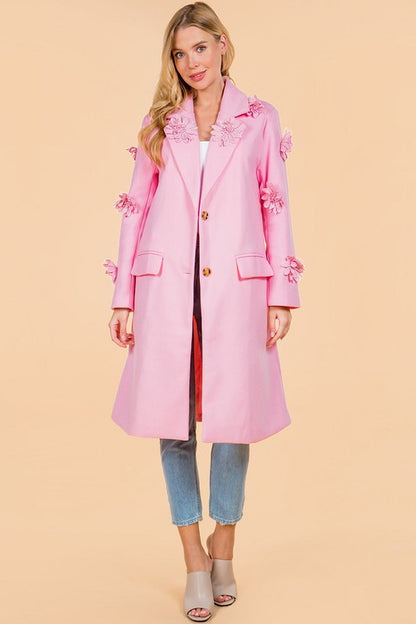 SOLID NOTCHED COLLAR LONG COAT WITH FLOWERS