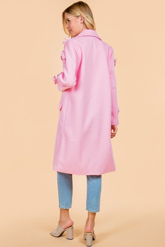 SOLID NOTCHED COLLAR LONG COAT WITH FLOWERS