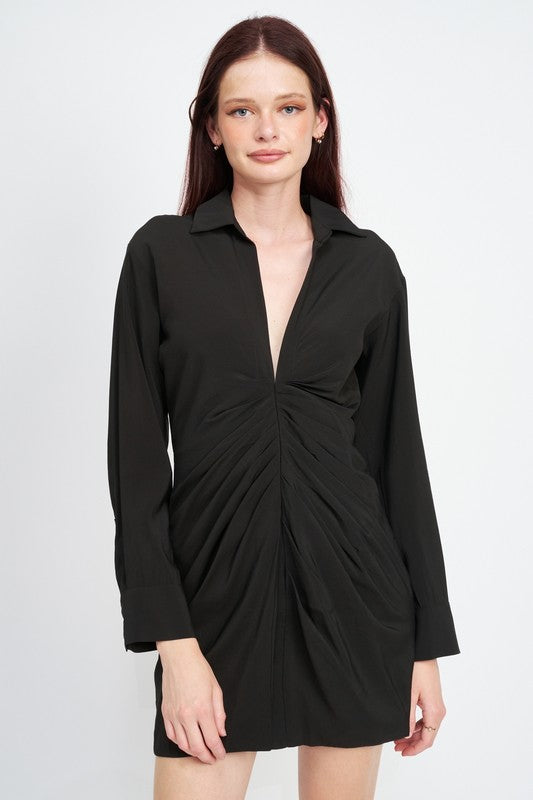 RUCHED MINI SHIRT DRESS