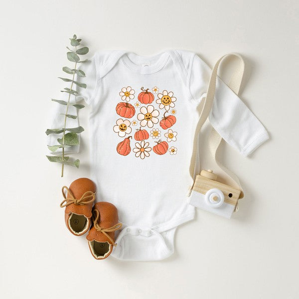 Distressed Flowers And Pumpkins Long Sleeve Onesie