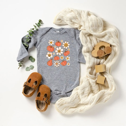 Distressed Flowers And Pumpkins Long Sleeve Onesie