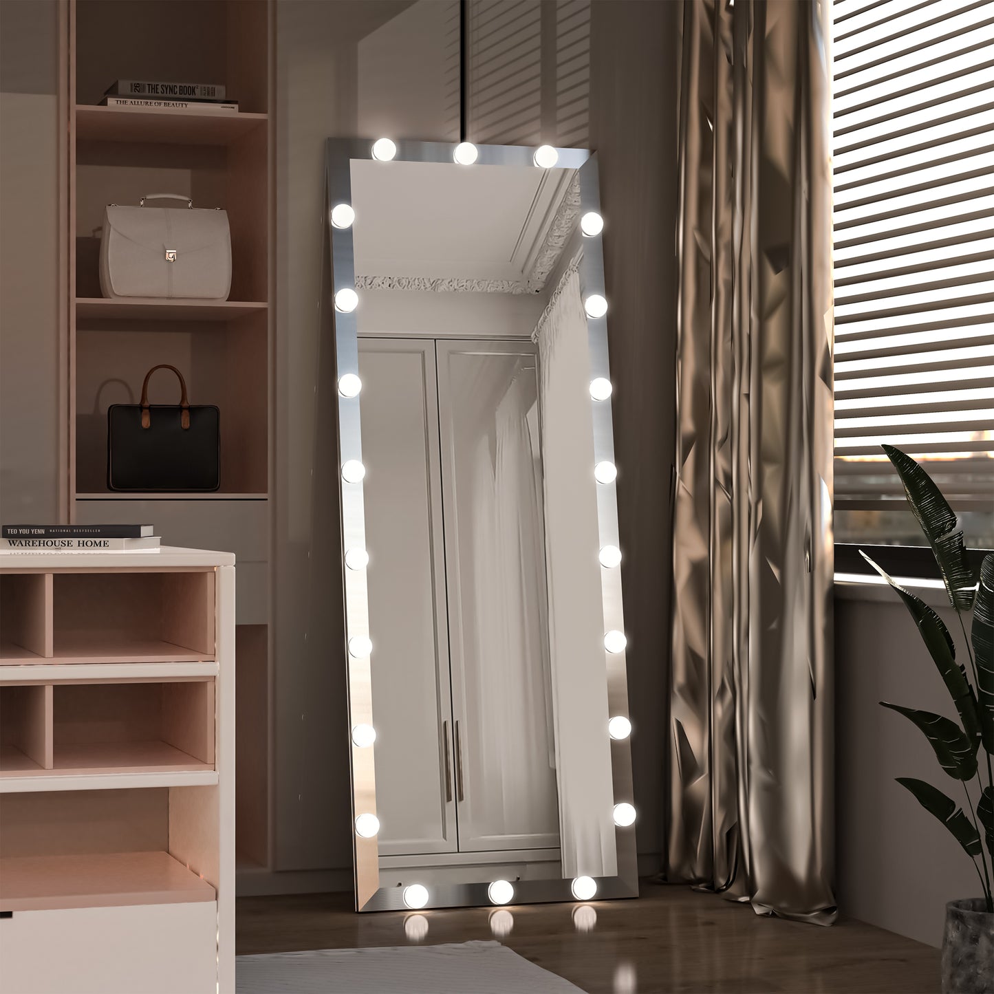 Modern Wall standing Bedroom Hotel Full Length Mirror with LED Bulbs Touch Control Whole Body Dressing Hollywood Vanity Mirror With 3 color Lights