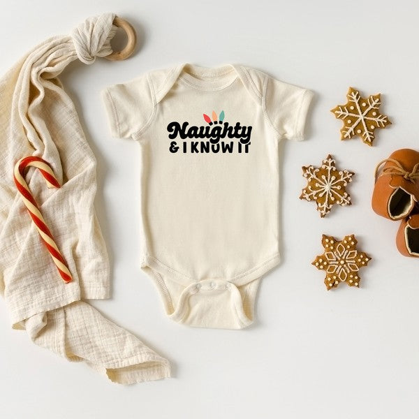 Naughty And I Know It Lights Baby Onesie