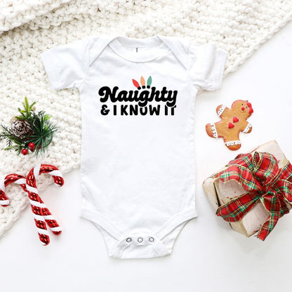 Naughty And I Know It Lights Baby Onesie