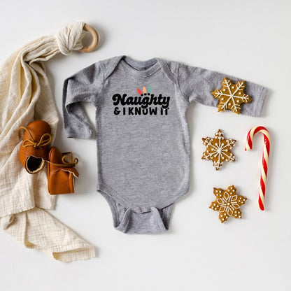 Naughty And I Know It Lights Long Sleeve Onesie