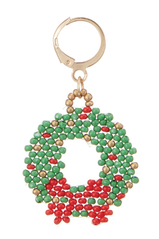 Christmas Wreath Seed Bead Hinged Hoop Earrings