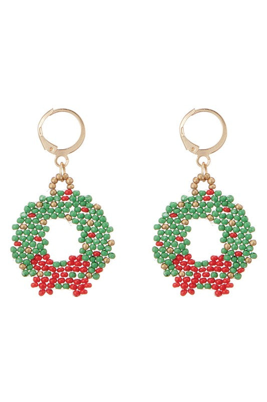 Christmas Wreath Seed Bead Hinged Hoop Earrings