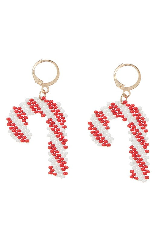 Mini Candy Cane Seed Beaded Hinged Hoop Earrings