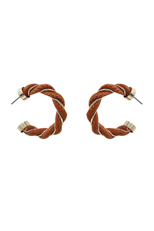 Twisted Leather Hoop Post Drop Earrings