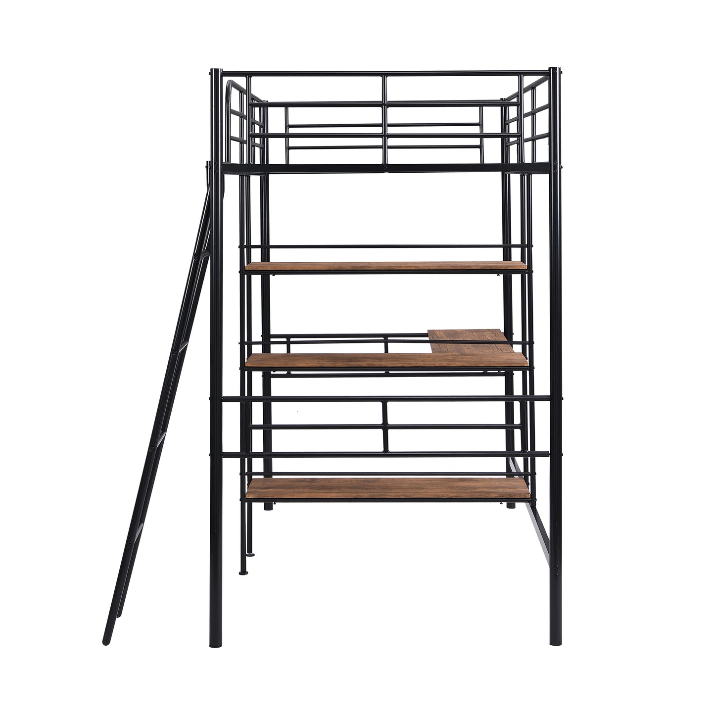 Twin Size Metal Loft Bed and Built-in Desk and Shelves,Black(OLD DKU:WF280270AAB)