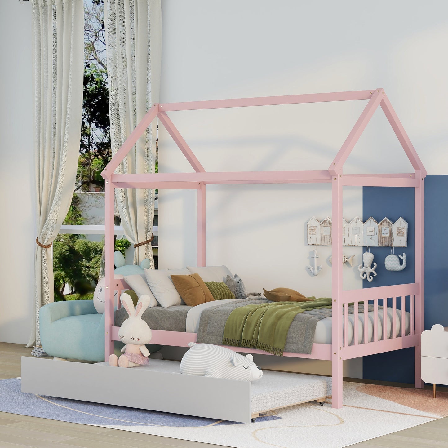 WARM PINK TWIN HOUSE BED WITH WHITE TWIN TRUNDLE