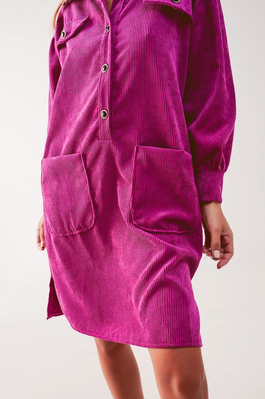 Cord mini shirt dress in fuchsia