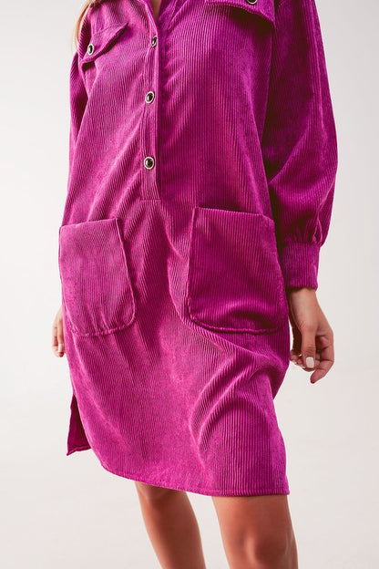 Cord mini shirt dress in fuchsia