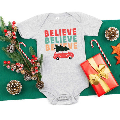 Believe Stacked Car Baby Onesie