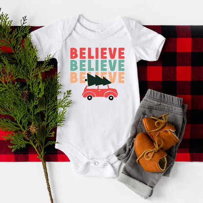 Believe Stacked Car Baby Onesie