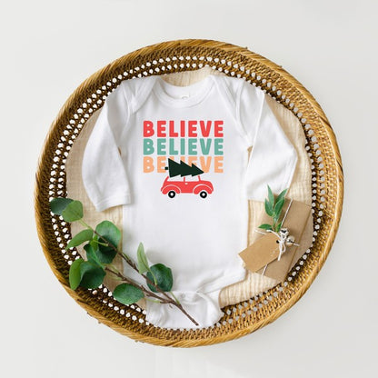 Believe Stacked Car Long Sleeve Onesie